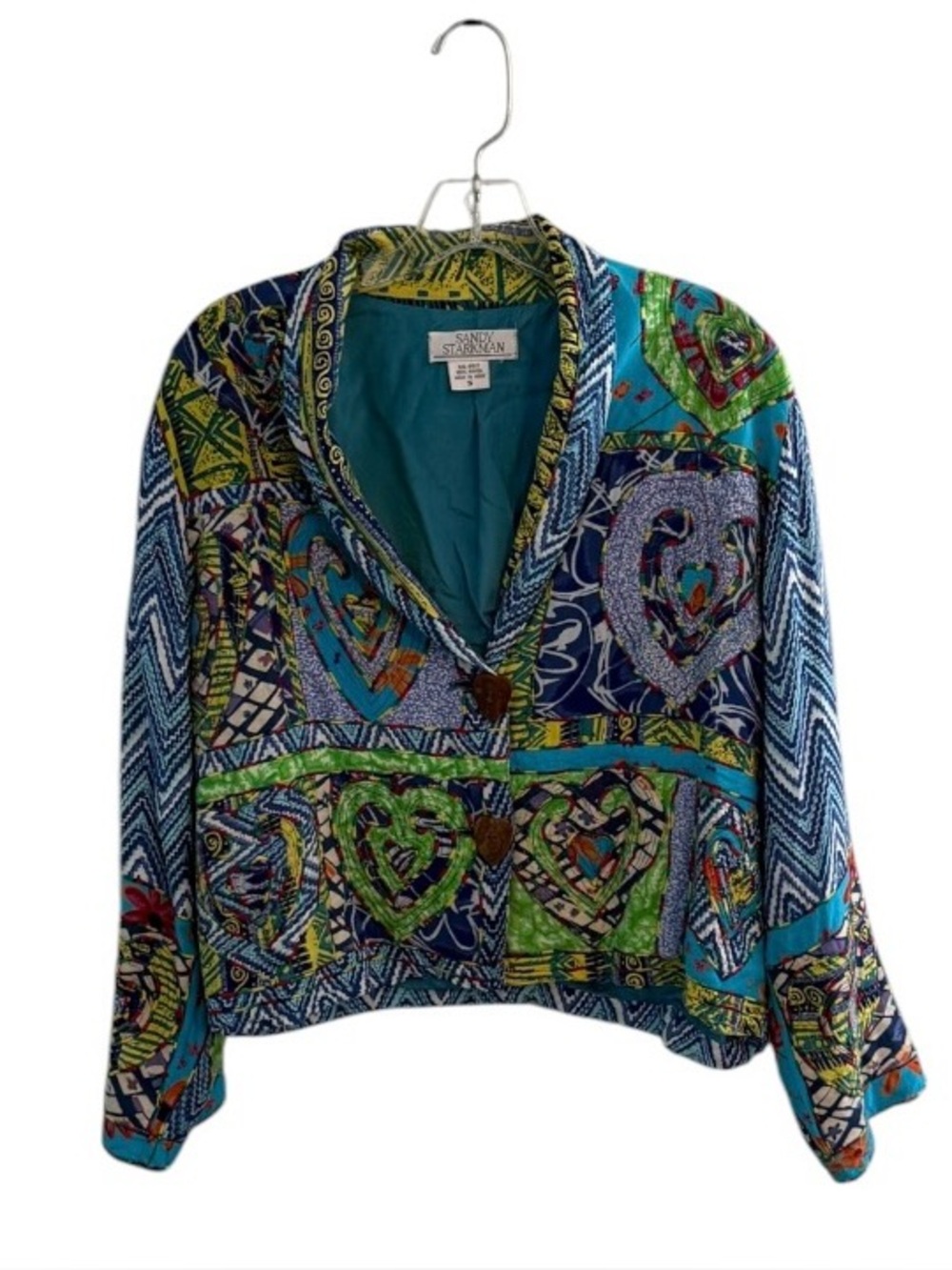 Sandy Starkman Sz s Patchwork Tapestry Jacket blazer heart blue green (read)